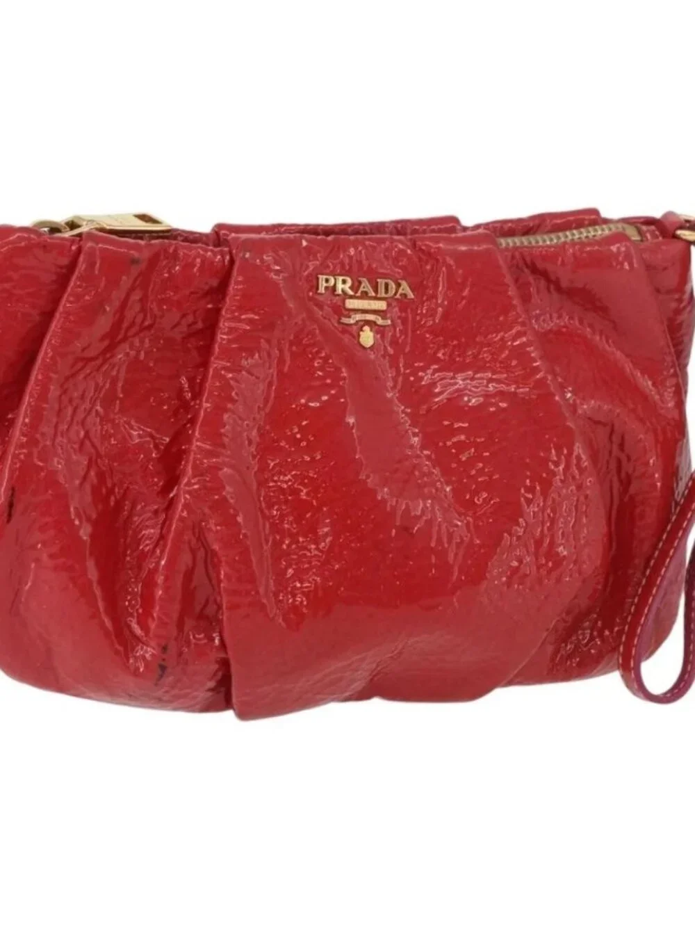 PRADA Pouch Patent leather Red Gold Auth